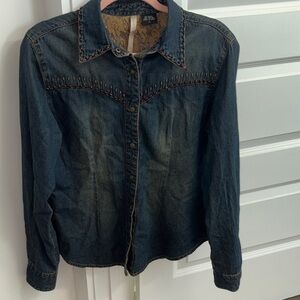 MARTINI RANCH western beaded denim button down shirt size large cross rodeo